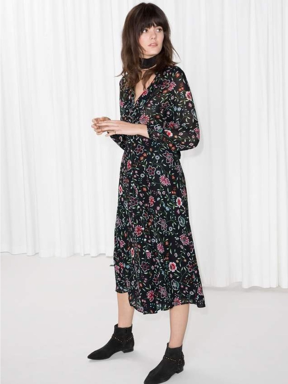 & Other Stories Patterned Ruffle Midi Dress Black/Pink/Green 10